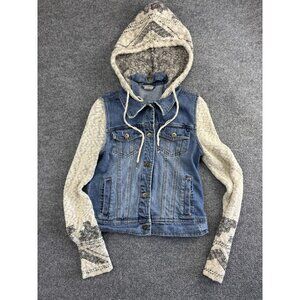 Billabong Jacket Womens Small Blue Denim Knit Hooded Sweater Sleeves Hood Aztec